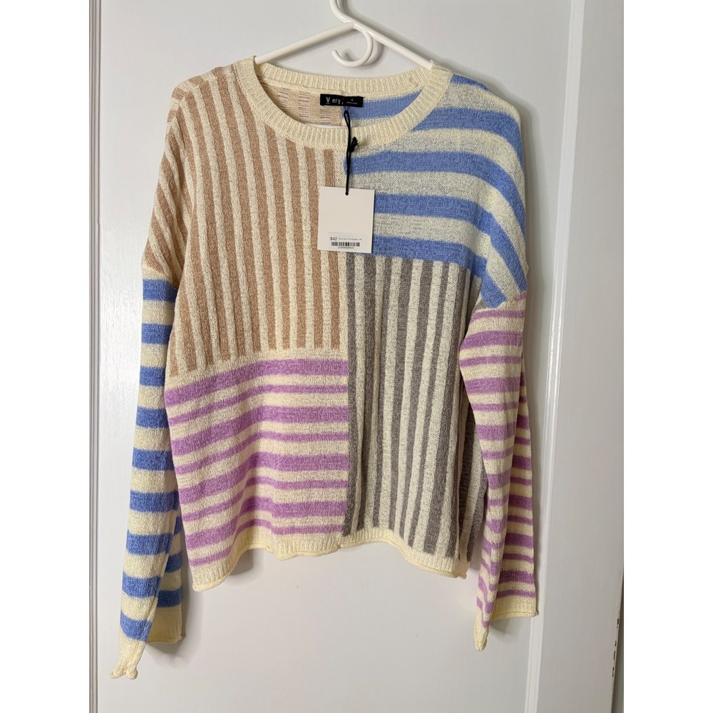 Very J Which Way To Go Colorblock Striped Knit Sweater Pastel Multi Crew Neck M